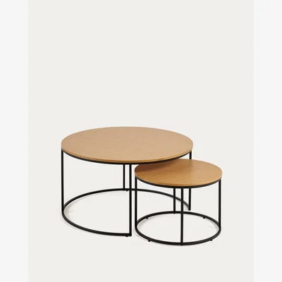 Kave Home Yoana set of 2 nesting side tables with oak wood veneer & black metal, Ø 80 cm / Ø 50 cm
