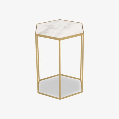 La Redoute Hexagonal Side Table with White Marble Top and Gold Finish Frame