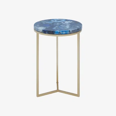 La Redoute Round Side Table with Blue Agate Top and Gold Frame