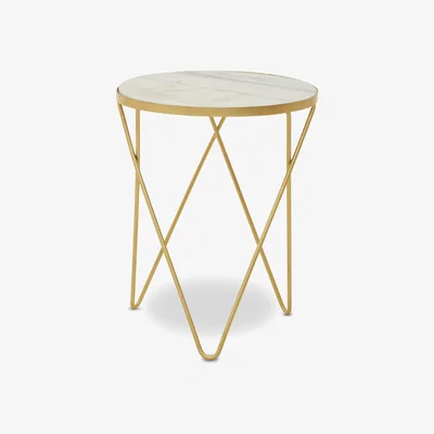 La Redoute Round Side Table with Gold Metal Hairpin Legs and White Marble Top