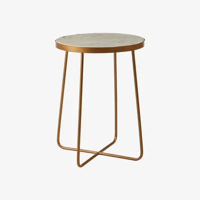 La Redoute Shalimar Round Side Table, White Marble, Gold Finish Metal