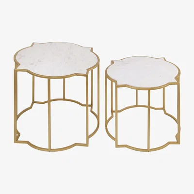 La Redoute Quatrefoil Style Set Of 2 Side Tables with White Marble Tops and Brass Finish Frames