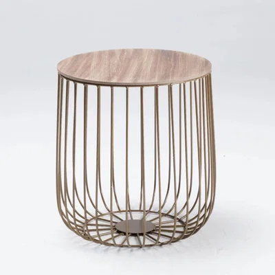 La Redoute Small Gold Metal Cage Table with Oak Effect Top