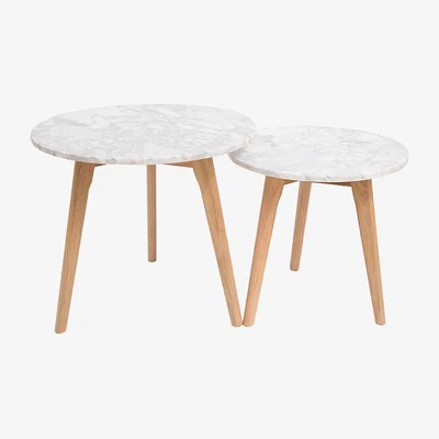 La Redoute Oak Nest Of Tables with White Marble Top