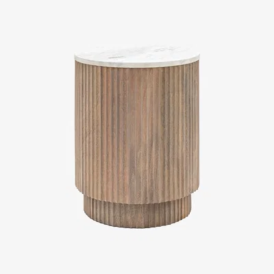 La Redoute Manor Round Ribbed Wood Side Table with Marble Top