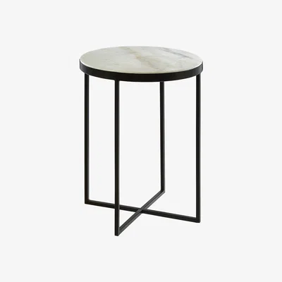 La Redoute Round Side Table in White Marble with Black Iron