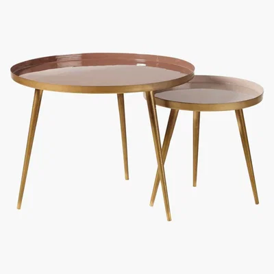 Maisons du Monde Nest of Tables in Pinky Beige and Gold Metal Avril