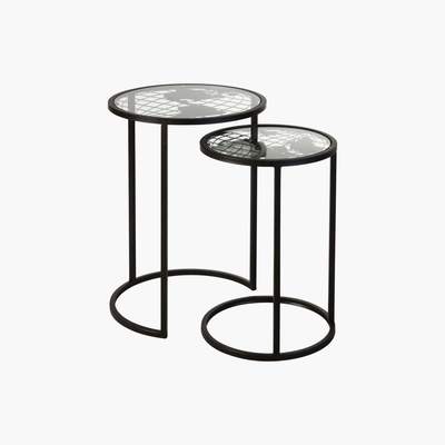 Maisons du Monde Black Metal and Glass Side Tables with World Map Design (x2)