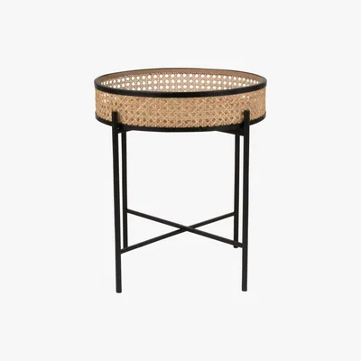 Maisons du Monde Black Metal and Rattan Wicker Side Table