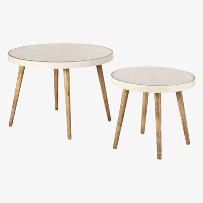Maisons du Monde White Glass Nesting Tables with Engraved Designs