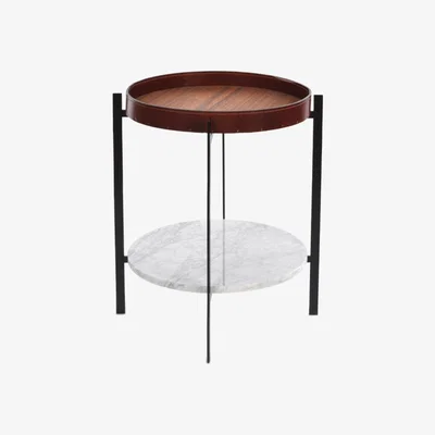 Nordic Nest OX Denmarq Deck tray table teak. black stand. white marbleshelf