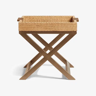 OKA OKA, Sovannah Side Table - Sand, Side Tables, Glass/MDF Wood/Rattan/Stainless Steel