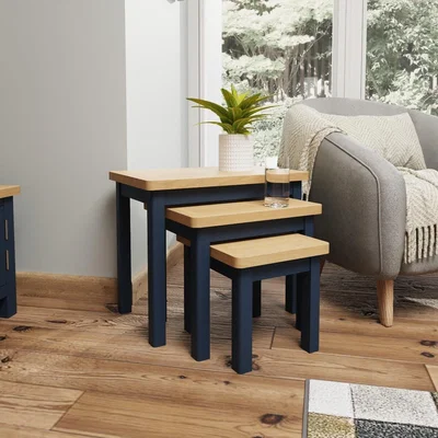 Oak&More Cole Oak and Blue Nest of 3 Tables