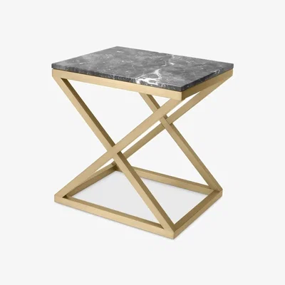 Olivia's Eichholtz Side Table Criss Cross brushed brass finish grey marble