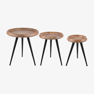 Olivia's Leitmotiv Mango Wood and Black Metal Tripod Table Set