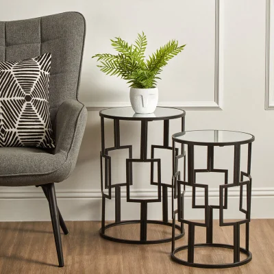Pagazzi Avantis Black Finish Set of 2 Round Side Tables with Geometric Grid Design