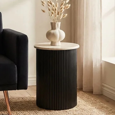 Pagazzi Walton Cream Travertine and Black Acacia Wood Side Table