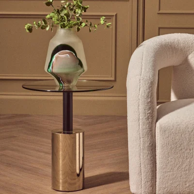 Pagazzi Oria Glass Round Side Table with Black and Gold Finish Base
