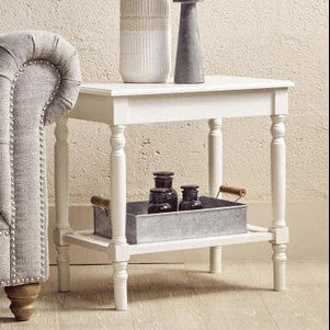 Pagazzi Heritage White Wooden Side Table with Rattan Shelf