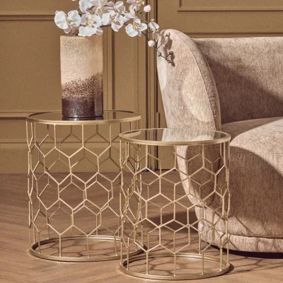 Pagazzi Arcana Champagne Finish Set of 2 Side Tables with Honeycomb Design