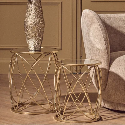 Pagazzi Arcana Gold Finish Set of 2 Side Tables with Mirror Top