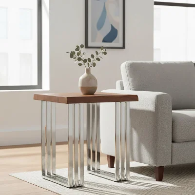 Pagazzi Hampstead Acacia Wood and Silver Finish Side Table