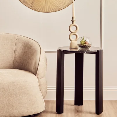 Pagazzi Black Marble Top Round Side Table with Black Acacia Wood Legs | Palermo