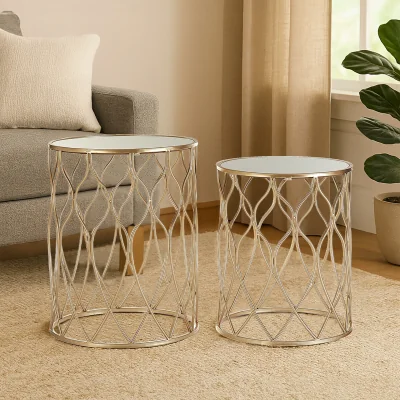 Pagazzi Arcana Champagne Finish Set of 2 Side Tables with Mirror Top