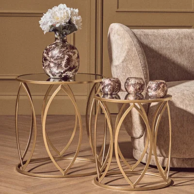 Pagazzi Arcana Gold Finish Set of 2 Side Tables with Mirrored Glass Top