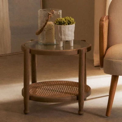 Pagazzi Cebu Natural Cane and Grey Wash Elm Wood Side Table
