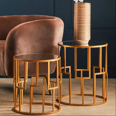 Pagazzi Avantis Gold Finish Set of 2 Round Side Tables with Art Deco Design