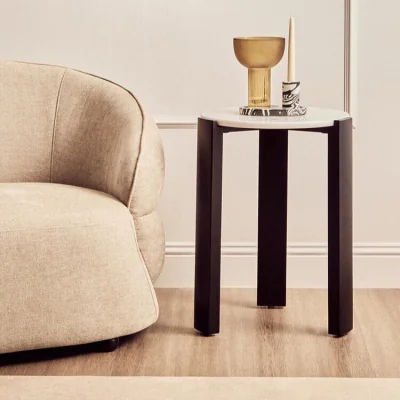 Pagazzi Palermo White Marble and Black Acacia Wood Round Side Table