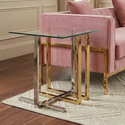 Pagazzi Alvea Clear Glass Side Table with Gold and Silver Finish Frame
