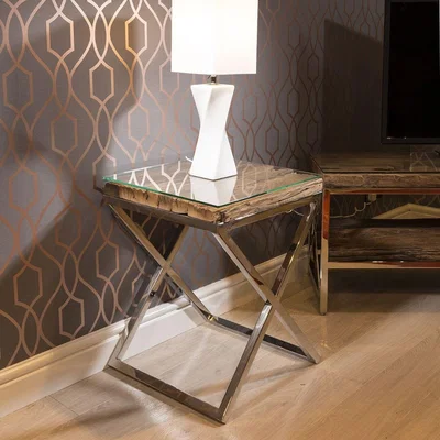 Quatropi Stunning Square End Side Table Solid Reclaimed Hardwood 45x45cm Glass