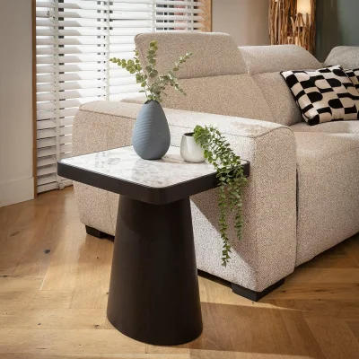 Quatropi Large Ceramic Marble Lamp Accent Side Table Grey Black Oak 47cm