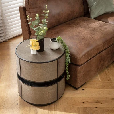 Quatropi Modern Round Lamp Side Table Inlaid Shagreen Faux Leather Gold 48cm
