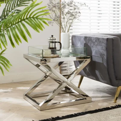 Quatropi ExDisplay Quatropi Side Table Clear Glass & Silver Metal X-Frame