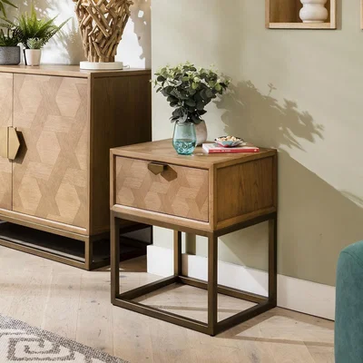 Quatropi Hemingway Side Lamp Table with Drawer Oak & Gold Brown 50cm