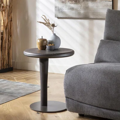 Quatropi Modern Round Side Table Nightstand Bedside Sofa Table Grey Oak 50cm