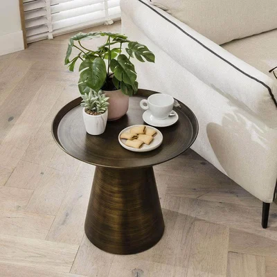 Quatropi Modern Metal Side Table - Gold Coned Shape Round Lamp Table 48cm