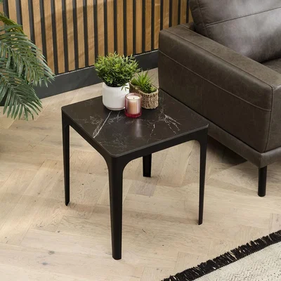 Quatropi Sleek Black Lamp Table 50cm Square Modern Ceramic Top Side Table