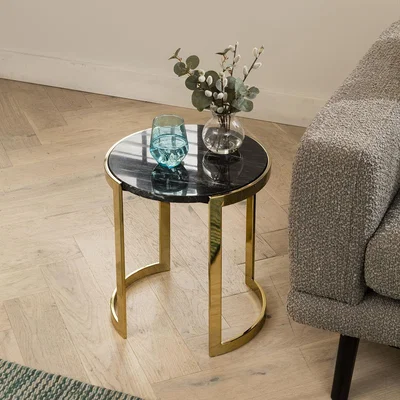 Quatropi Modern Black Marble Lamp Side Table - Luxury Gold Metal Base 40cm