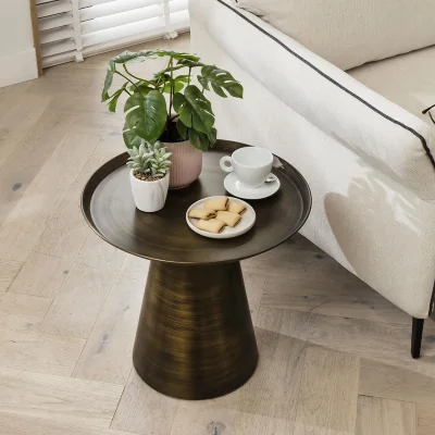 Quatropi ExDisplay Modern Metal Side Table - Gold Coned Shape Round Lamp Table 48cm