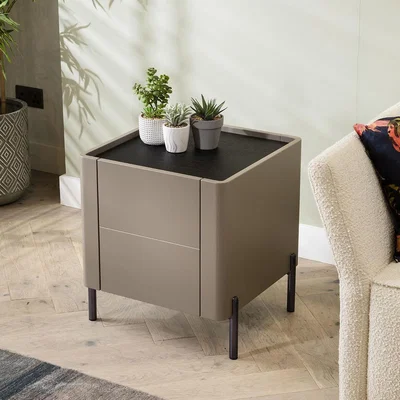Quatropi Designer Living Room Side End Sofa Accent Table With Storage Taupe Grey