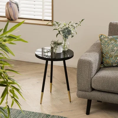 Quatropi Designer Round Metal Lamp Table Black Marble-Effect Glass Side Table