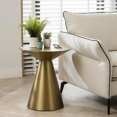 Quatropi ExDisplay Retro-inspired Metal Side Table - Gold Coned Shape Round Accent Lamp Table 50cm