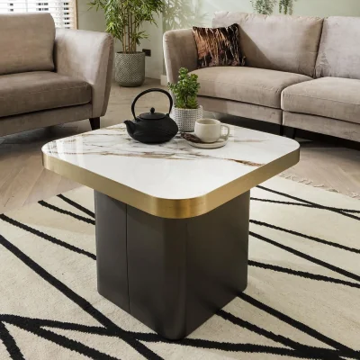 Quatropi ExDispaly Luxurious Ceramic Marble Side Lamp Table with Metal Trim - White & Gold 65cm Square (Copy)