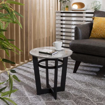 Quatropi Modern Round Side Table Premium Grey Ceramic Marble Lamp End Table 44cm