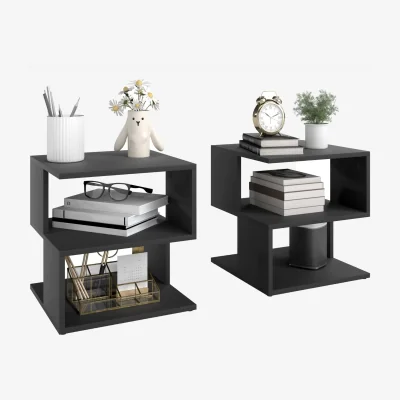 The Range Dosasu Wooden Black Set of 2 Square Side Tables - 2-Tier Storage