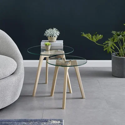 The Range Malmo Wood and Glass Nested Side Table Set of 2 - Wooden Legs
